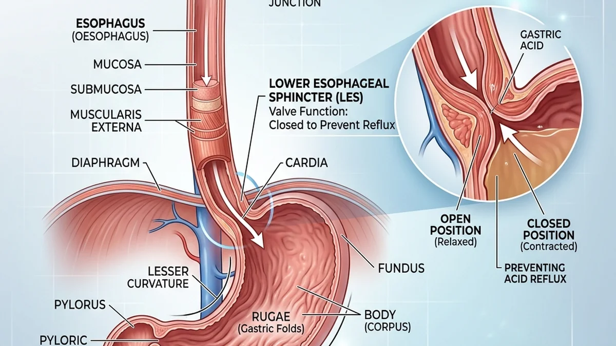 Medical illustration showing the anatomy of the stomach, esophagus, and lower esophageal sphincter valve.