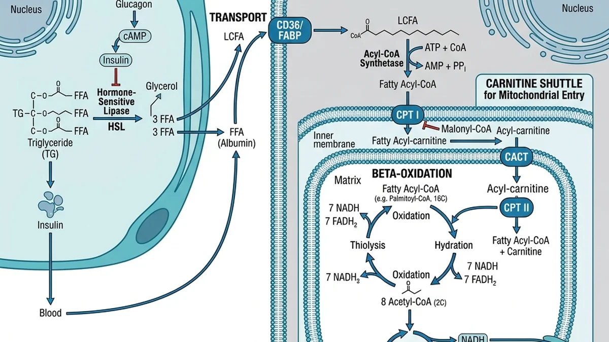 The Clinical Timeline of Autophagy: Exact Fasting Hours for Cellular Repair Biochemical diagram of lipolysis and beta-oxidation showing triglyceride breakdown and mitochondrial ATP generation.