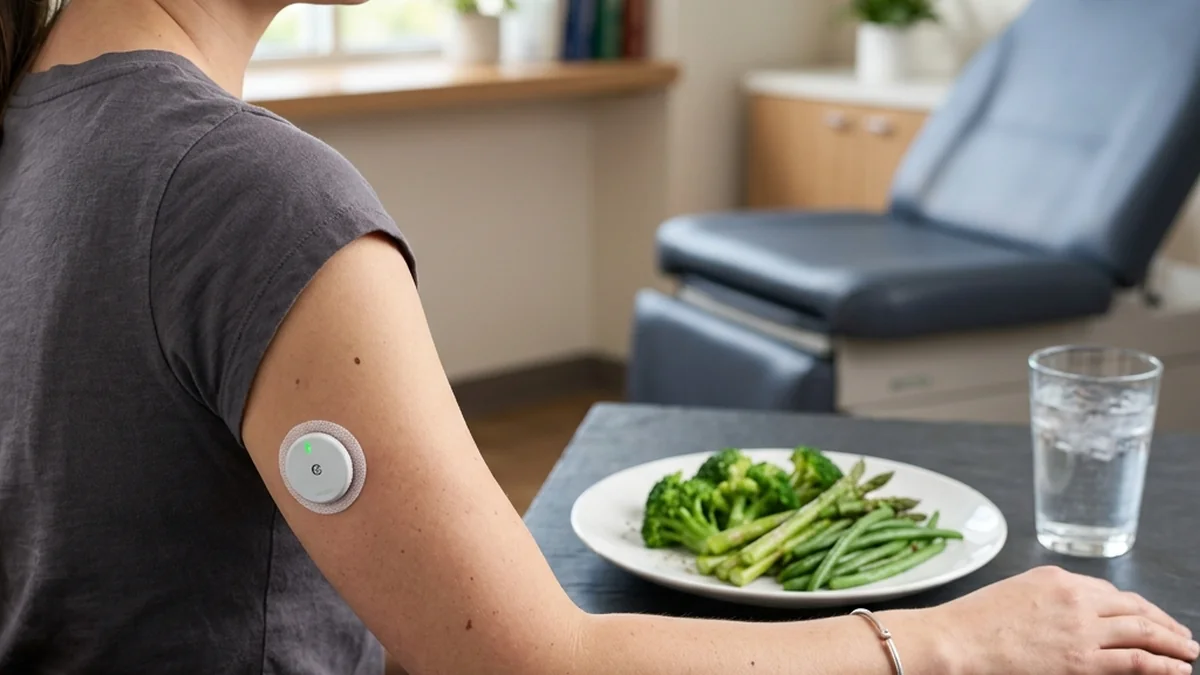 A continuous glucose monitor sensor attached to an arm beside a plate of healthy whole foods including vegetables and legumes, representing non-diabetic CGM use for metabolic health optimization.