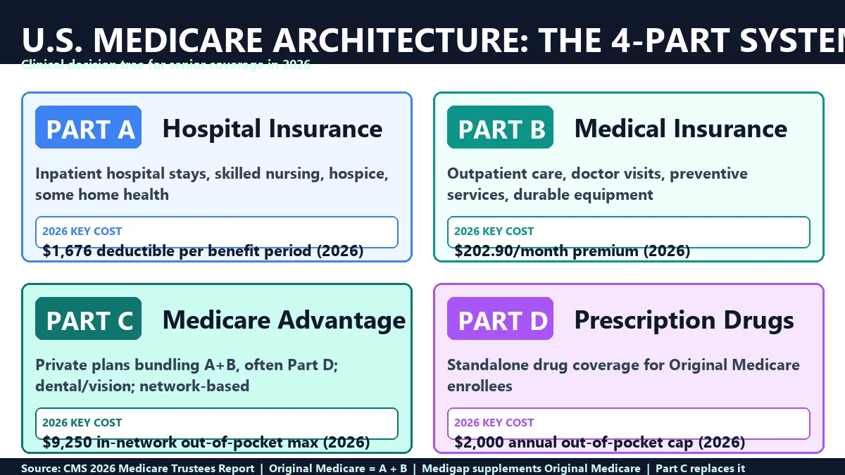 Private Health Insurance for Seniors 2026: Medicare, NHS Top-Ups & Global Expat Plans Medicare Parts Architecture Diagram showing Part A hospital insurance Part B medical insurance Part C Medicare Advantage Part D prescription drugs and supplemental Medigap coverage with their interaction in 2026