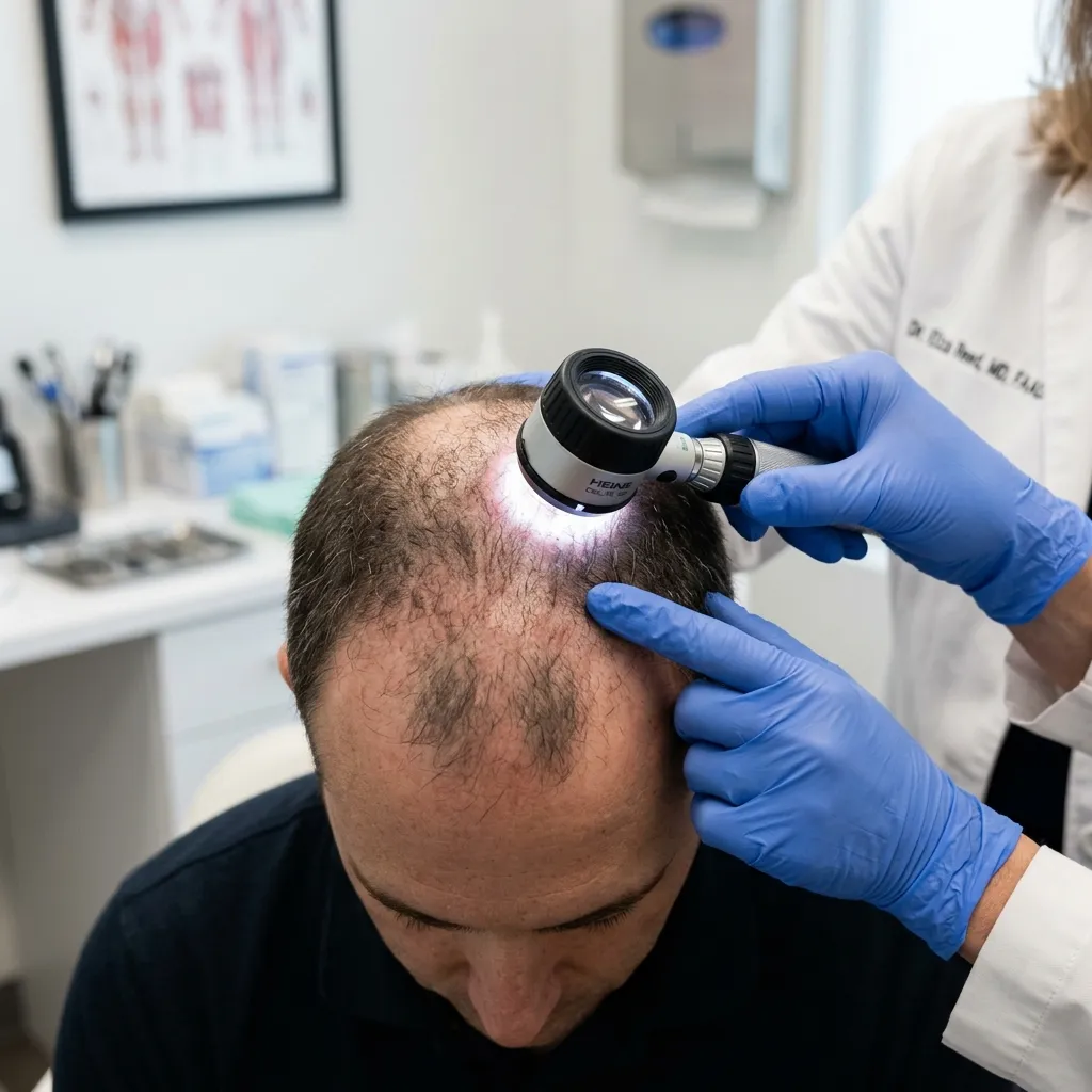 A dermatologist performing a scalp dermoscopy on a male patient to evaluate miniaturized hair follicles.