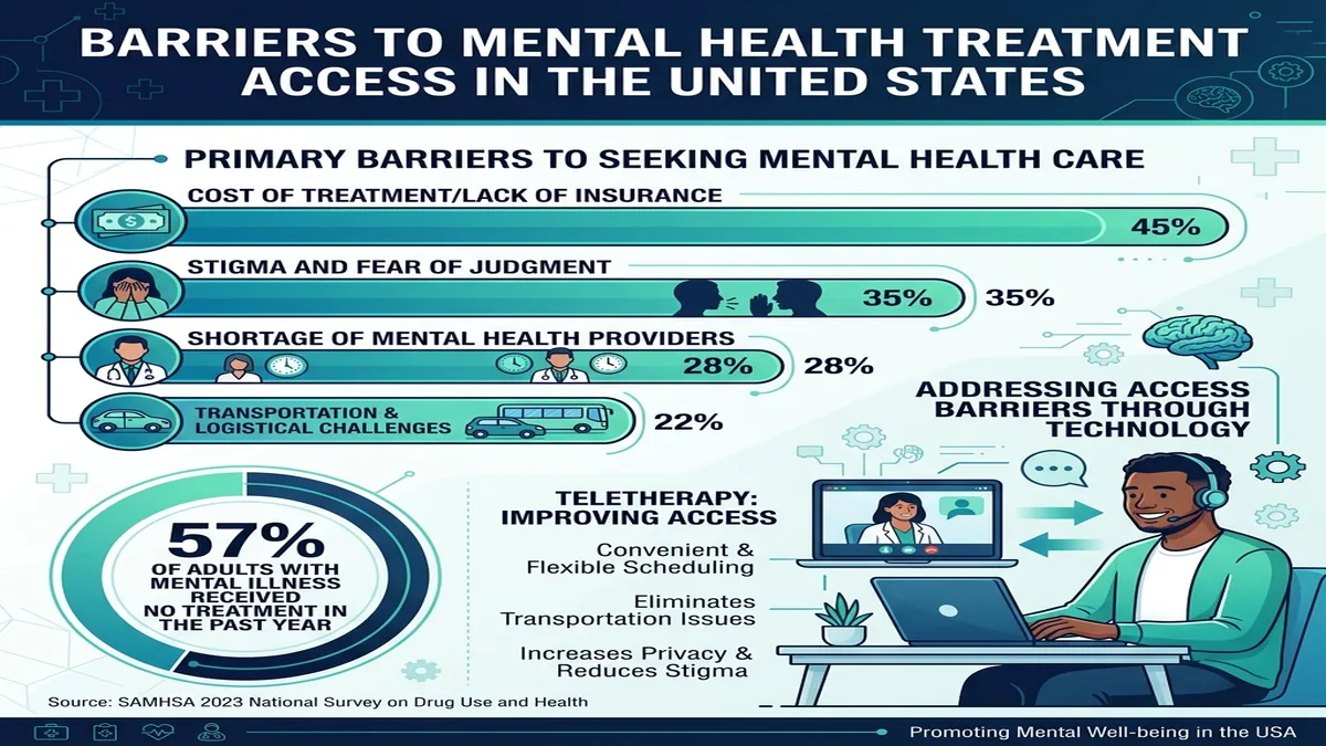 Best Online Therapy Platforms 2026: BetterHelp, Talkspace & Alternatives Infographic showing mental health treatment access barriers in the US including cost, stigma, and provider shortage, with teletherapy as a solution