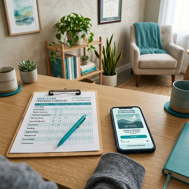 Is Online Therapy Right for You? A Complete Guide to Mental Health Support A physical clipboard showing a mental health self-care tracking checklist next to a mindfulness mobile app