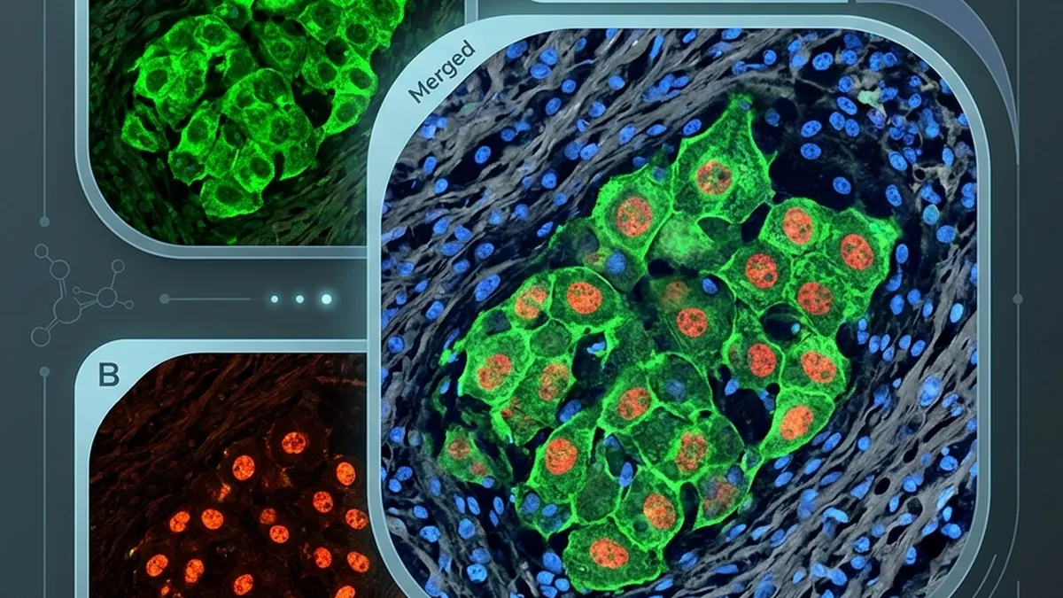 Laboratory microscope view of immunohistochemical staining for mesothelioma markers