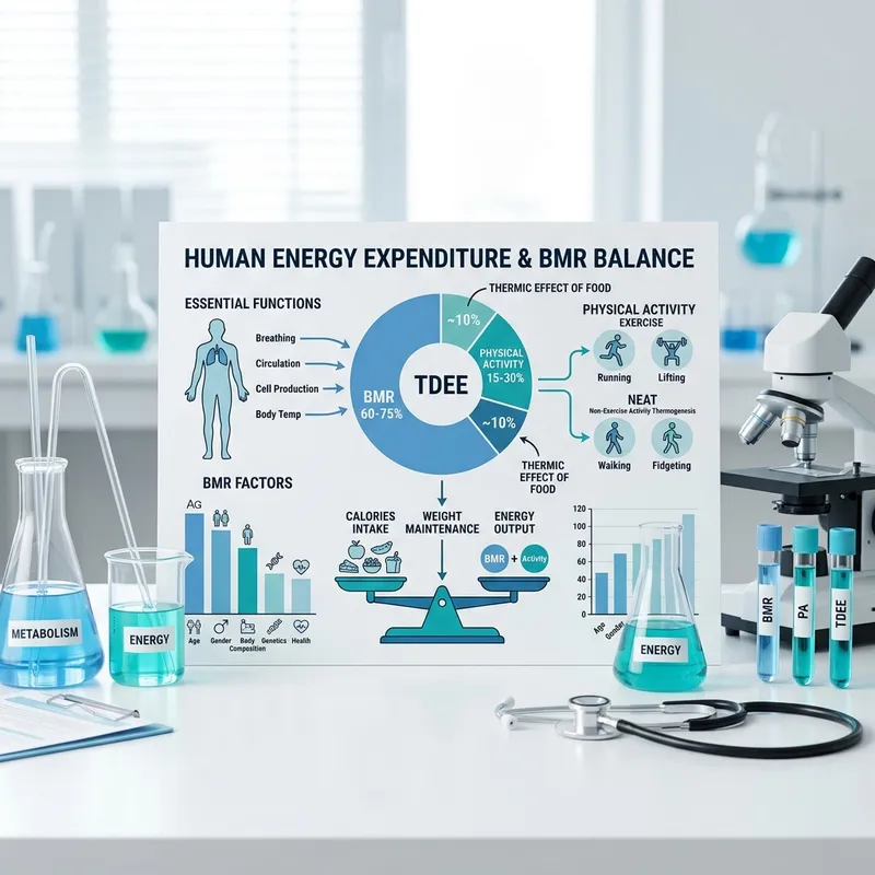 Clinical illustration showing energy expenditure, BMR adaptation, and caloric balance dynamics.