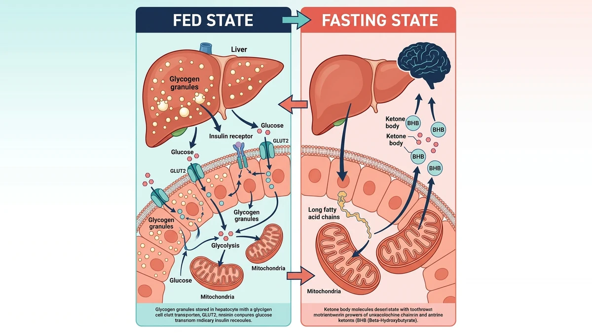 Clinical illustration of the metabolic switching pathway showing glycogen depletion transitioning to mitochondrial fatty acid beta oxidation and ketone body production during fasting.