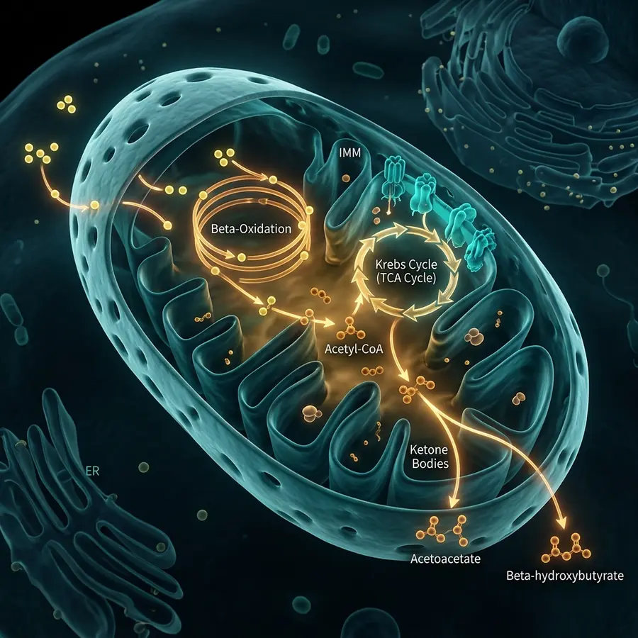 Clinical 3D illustration of mitochondrial beta-oxidation and ketone body synthesis