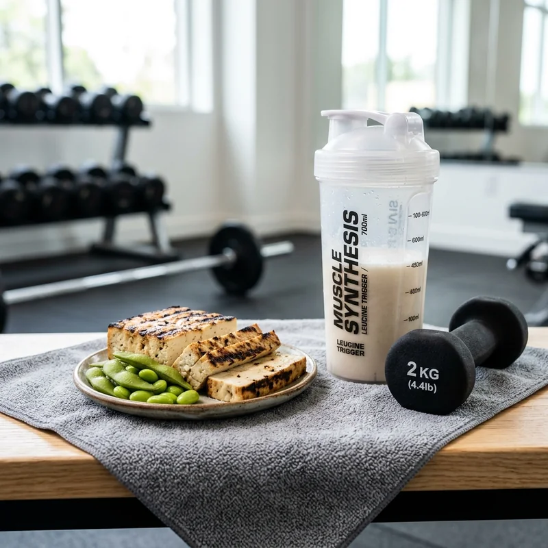 A high-contrast clinical photograph of a grilled block of tofu and edamame next to a sports nutrition shaker bottle and a small dumbbell.