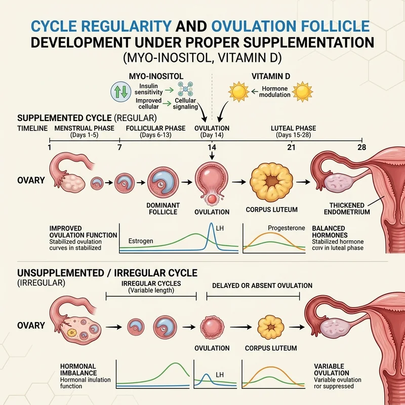 A clinical biological illustration representing follicle development and regular ovulation support under proper nutrient and inositol supplementation.