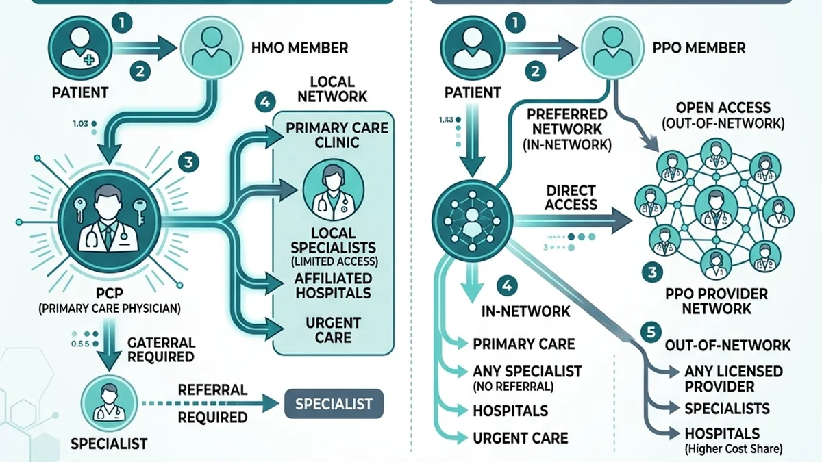 How to Choose the Best Health Insurance Plan for 2026: A Clinical & Financial Comparison comparison chart illustrating HMO gatekeeper path vs PPO direct access routing