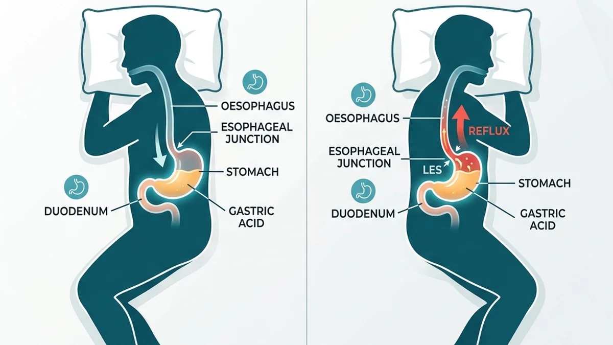 Anatomical diagram demonstrating how left-side sleeping keeps gastric acid below the esophageal junction.