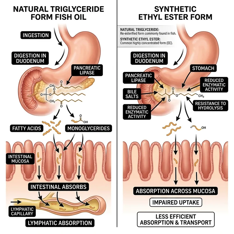 A comparative clinical diagram illustrating the enzymatic absorption efficiency of natural triglyceride fish oil versus synthetic ethyl ester.