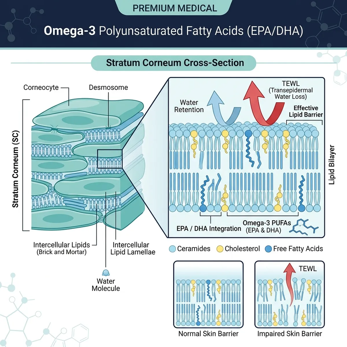 Medical diagram of dermatological nutrition skin barrier showing lipid integration and stratum corneum composition.