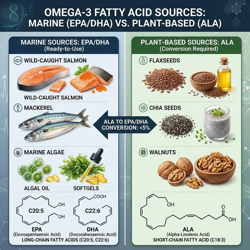 Cardiovascular Nutrition: Clinically Proven Dietary Interventions for Lipid Optimization Comparison diagram illustrating marine (EPA/DHA) and plant-based (ALA) omega-3 sources and conversion pathways.