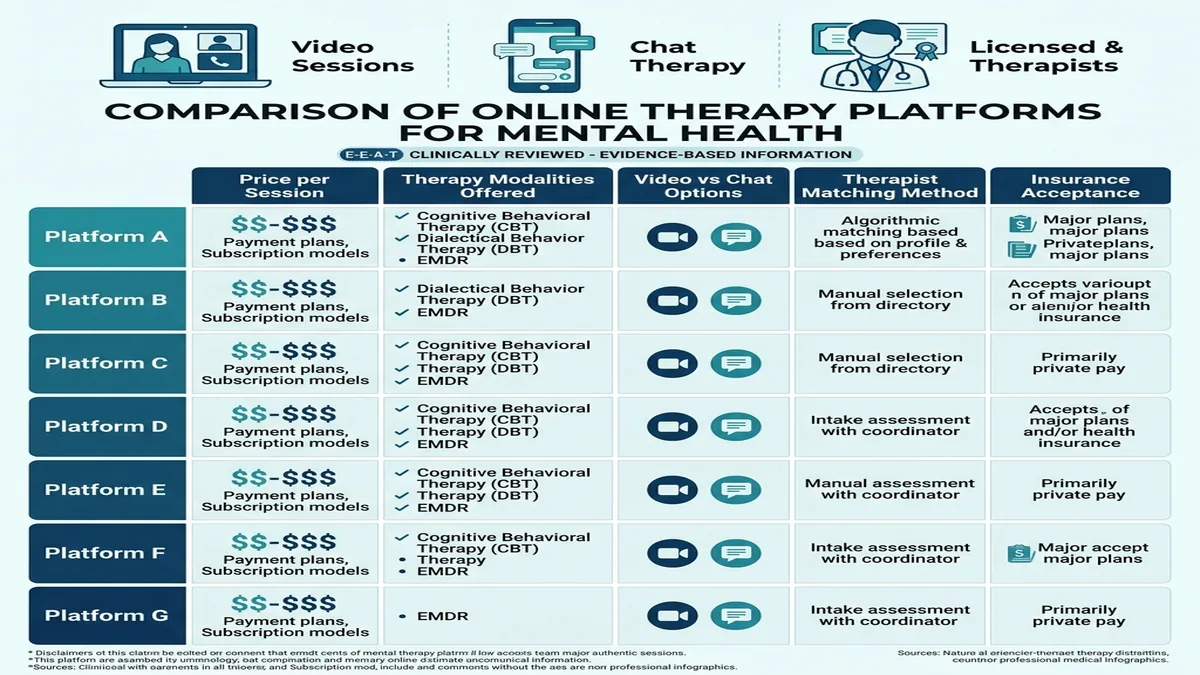 Best Online Therapy Platforms 2026: BetterHelp, Talkspace & Alternatives Online therapy platform comparison matrix showing video, chat, and hybrid modalities with pricing tiers