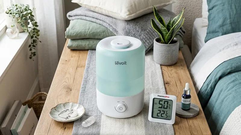 Digital room hygrometer showing 50 percent relative humidity next to a cool-mist humidifier in a bedroom