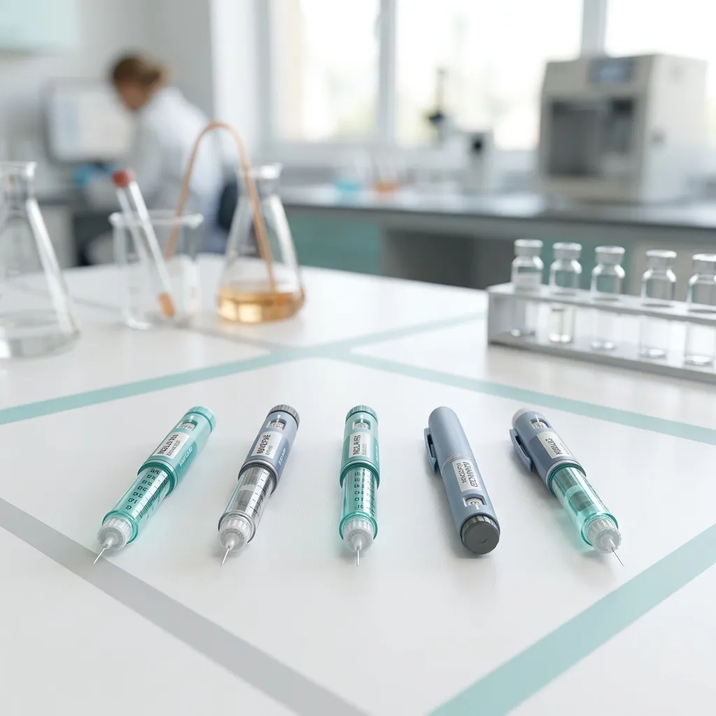 Professional medical syringe pens for Ozempic, Wegovy, and Mounjaro on a clean white clinical background.