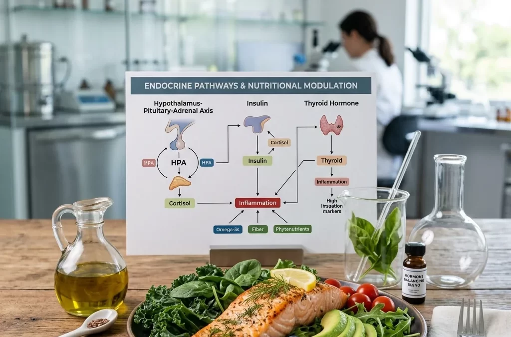 A clinical setting showing a vibrant, balanced selection of low-glycemic, anti-inflammatory whole foods next to clean laboratory glassware and a professional hormone pathway chart.
