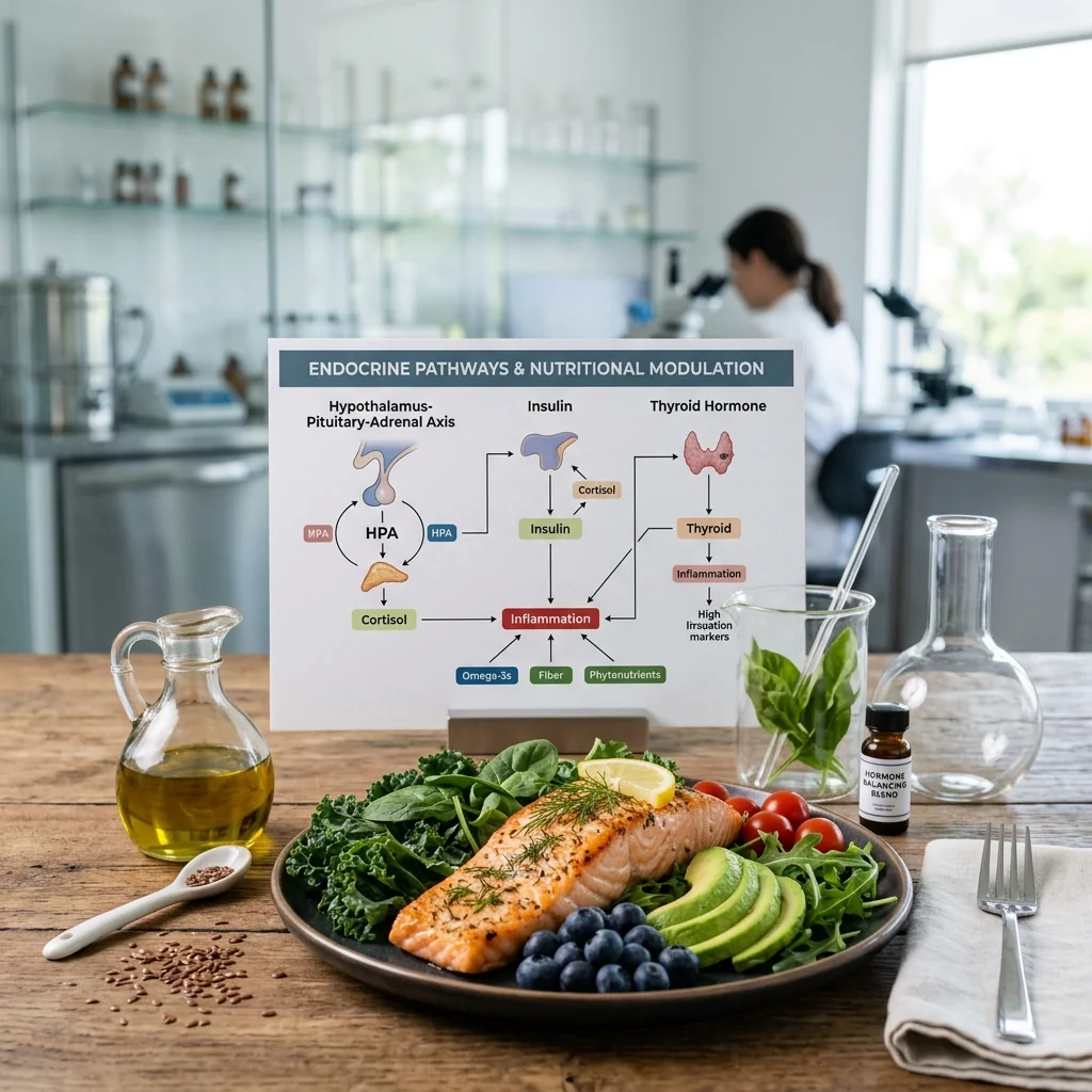 A clinical setting showing a vibrant, balanced selection of low-glycemic, anti-inflammatory whole foods next to clean laboratory glassware and a professional hormone pathway chart.