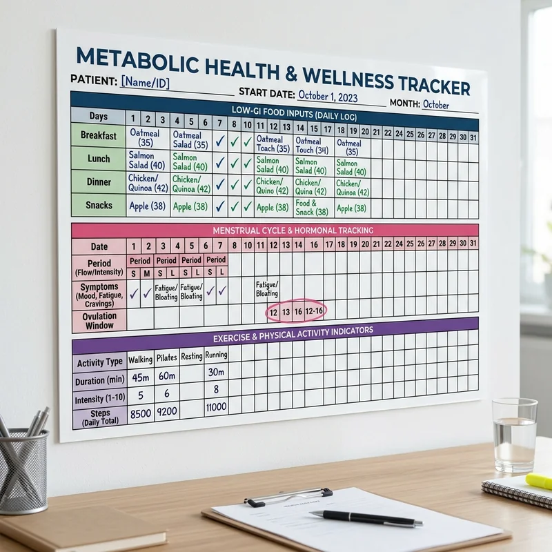 A physical tracking chart and journal measuring daily low-GI food inputs, menstrual cycles, and exercise indicators to track PCOS recovery.