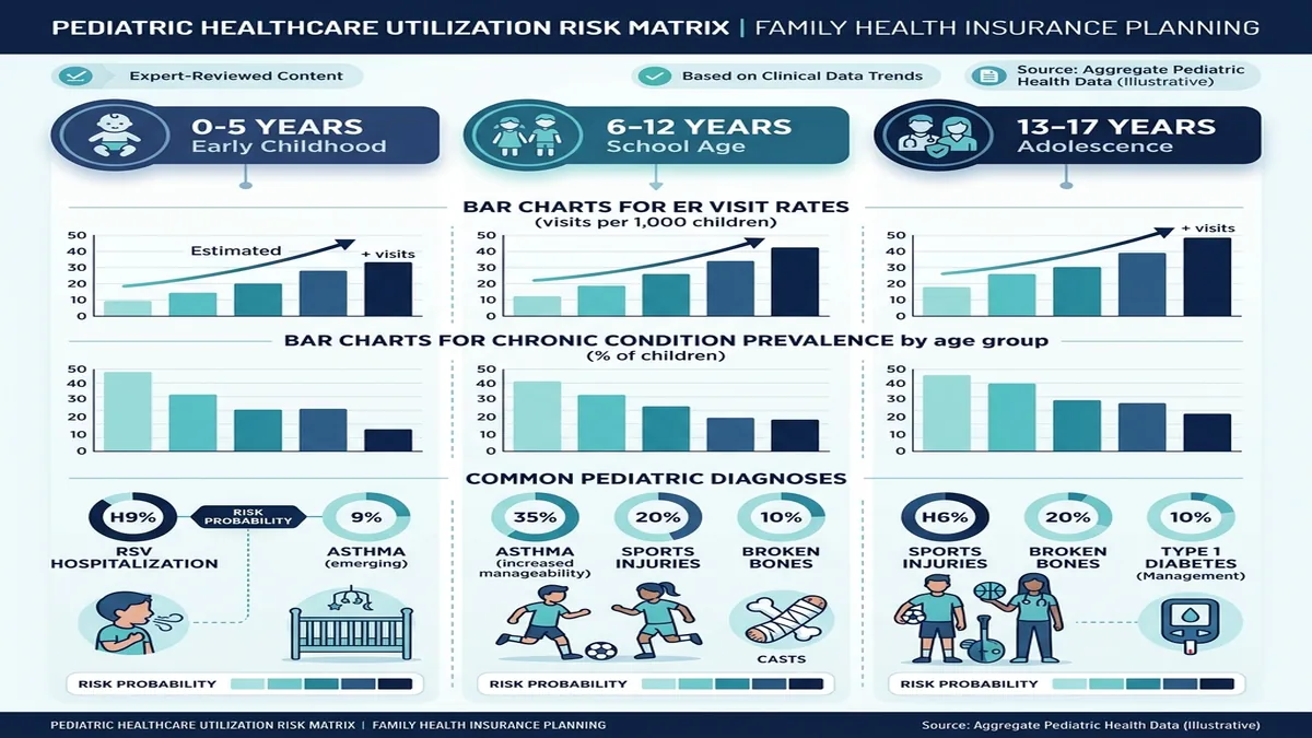 Pediatric healthcare risk matrix showing age-stratified ER visit rates and chronic condition prevalence for children aged 0-17