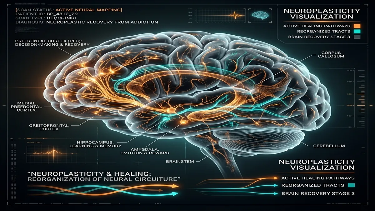 Neurobiological pathway diagram showing dopamine receptor downregulation and brain reward system hijacking during addiction