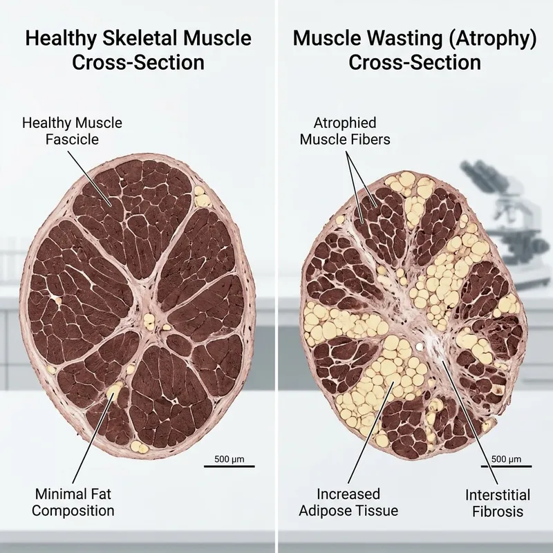 Skeletal muscle fiber density vs adipose tissue, representing muscle preservation protocols during weight loss.