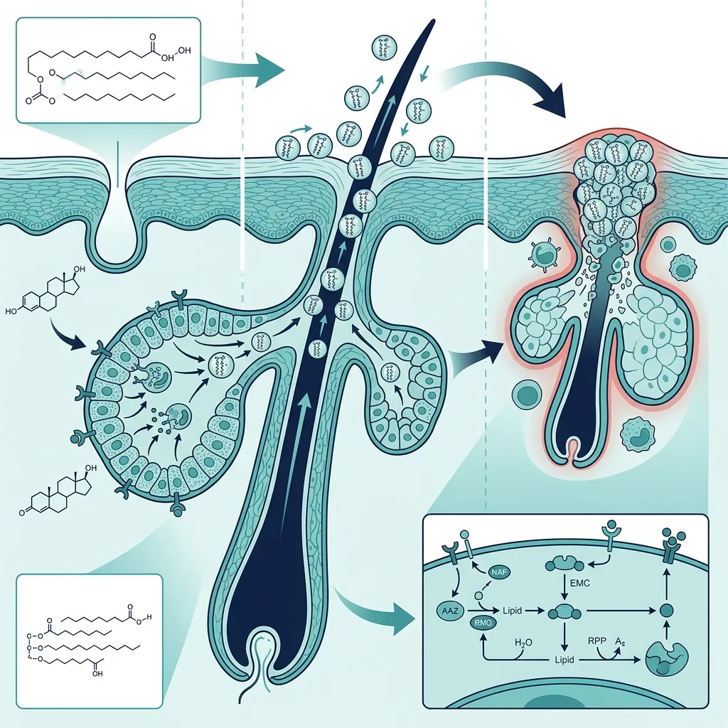 Dermatological Markers: Identifying Skin Signs of Early Insulin Resistance Scientific diagram of a sebaceous gland demonstrating sebum secretion triggered by insulin-linked free androgens