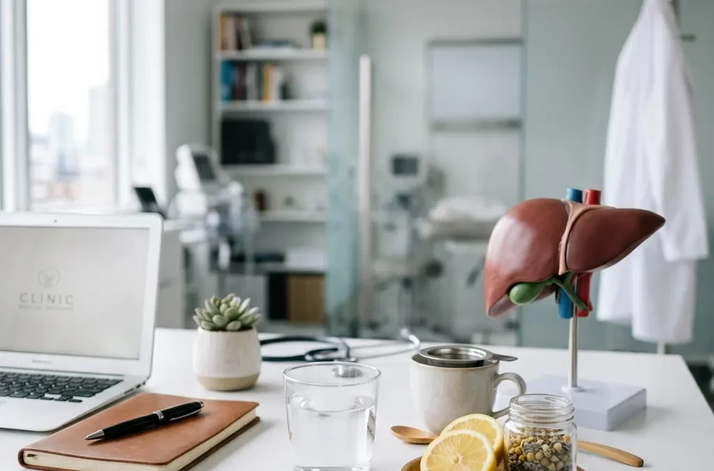 A glass of pure water, lemon slice, and a clinical liver model on a doctor desk representing liver health.