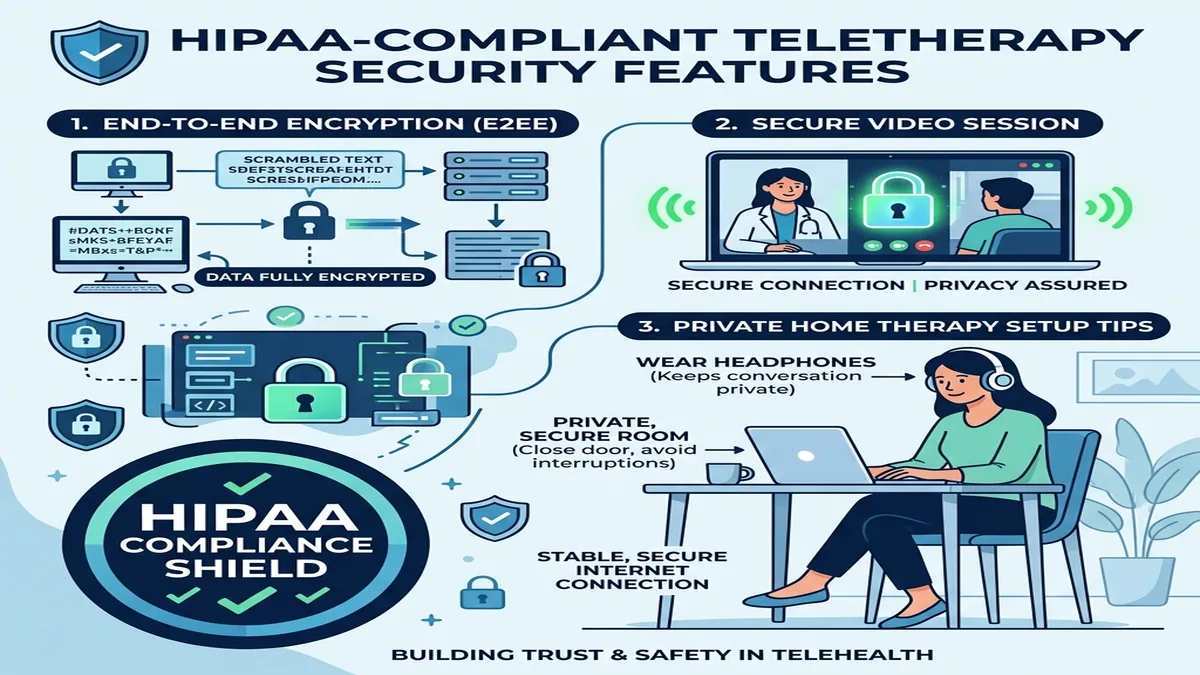Is Online Therapy Right for You? A Complete Guide to Mental Health Support Infographic showing HIPAA compliance, end-to-end encryption, and private session setup for teletherapy