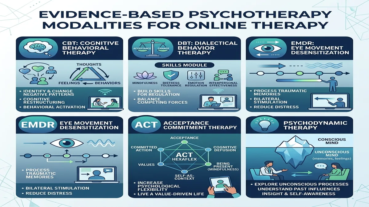 Best Online Therapy Platforms 2026: BetterHelp, Talkspace & Alternatives Diagram showing evidence-based therapy modalities including CBT, DBT, EMDR, ACT, and psychodynamic therapy