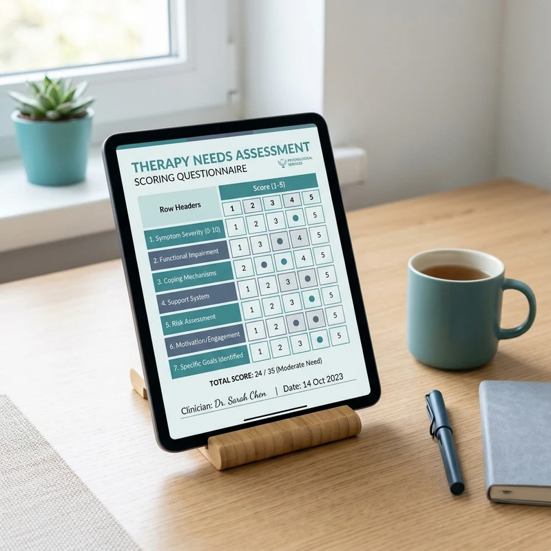 Is Online Therapy Right for You? A Complete Guide to Mental Health Support A tablet screen displaying a therapy needs self-assessment questionnaire scoring page