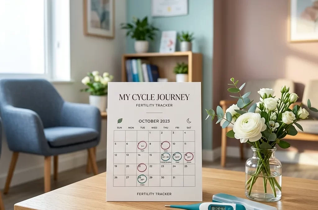 A clinical setting with a fertility calendar showing cycle mapping and a digital thermometer.