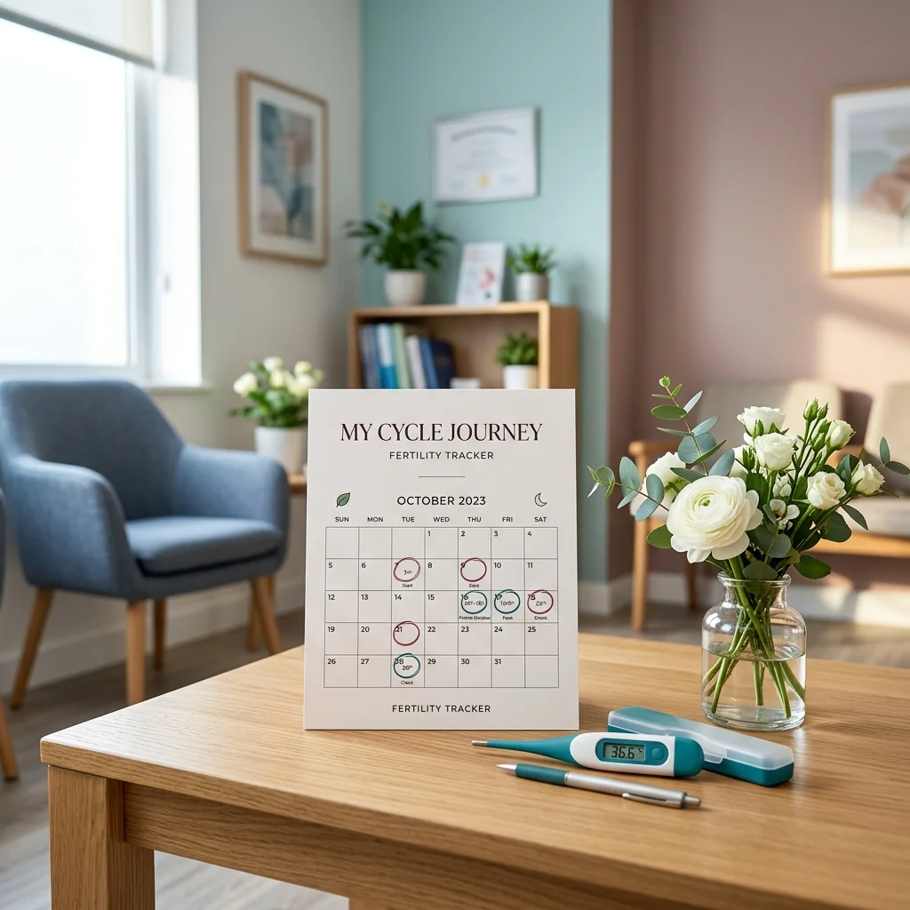 A Complete Guide to Tracking Your Ovulation and Boosting Fertility A clinical setting with a fertility calendar showing cycle mapping and a digital thermometer.