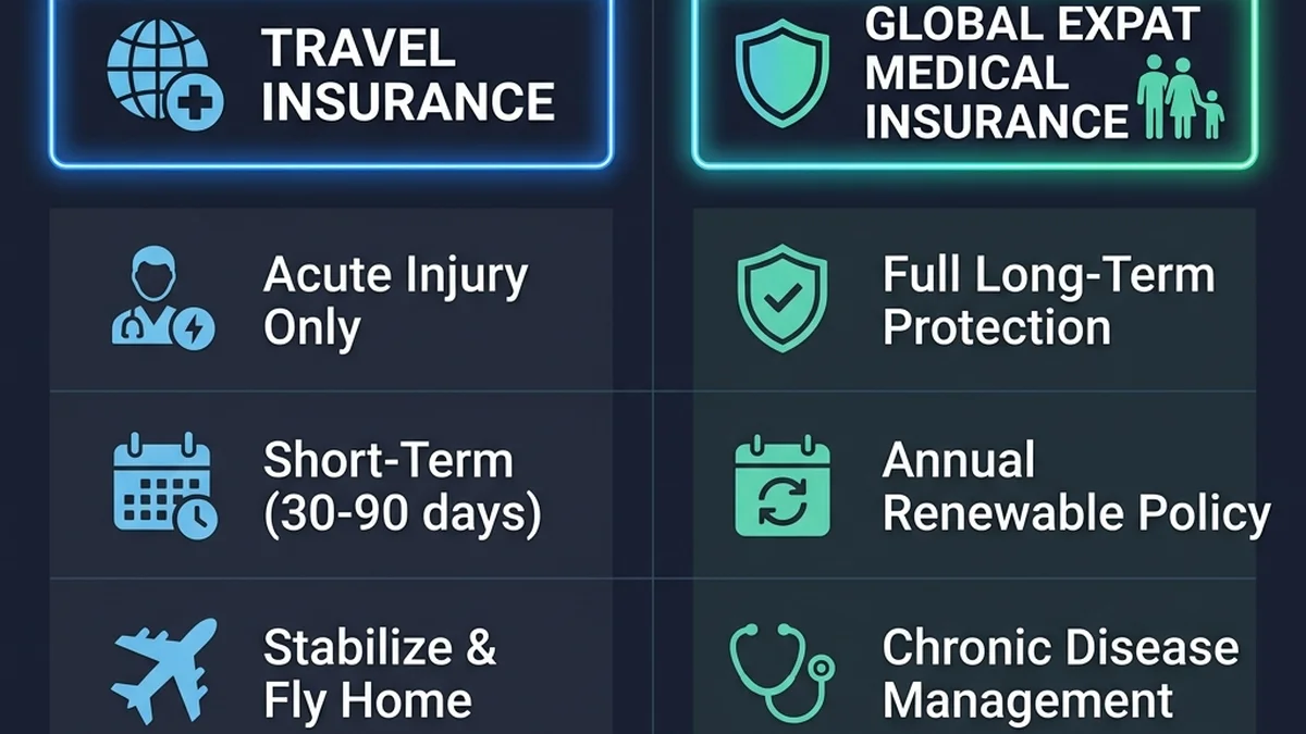Health Insurance for Expats & Digital Nomads 2026: Best Global Plans Reviewed travel insurance vs medical insurance comparison diagram