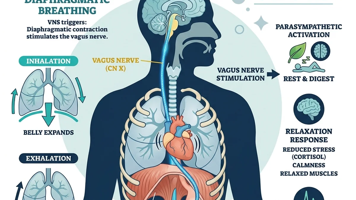 Physiological visualization of deep diaphragmatic breathing and vagus nerve stimulation pathways.