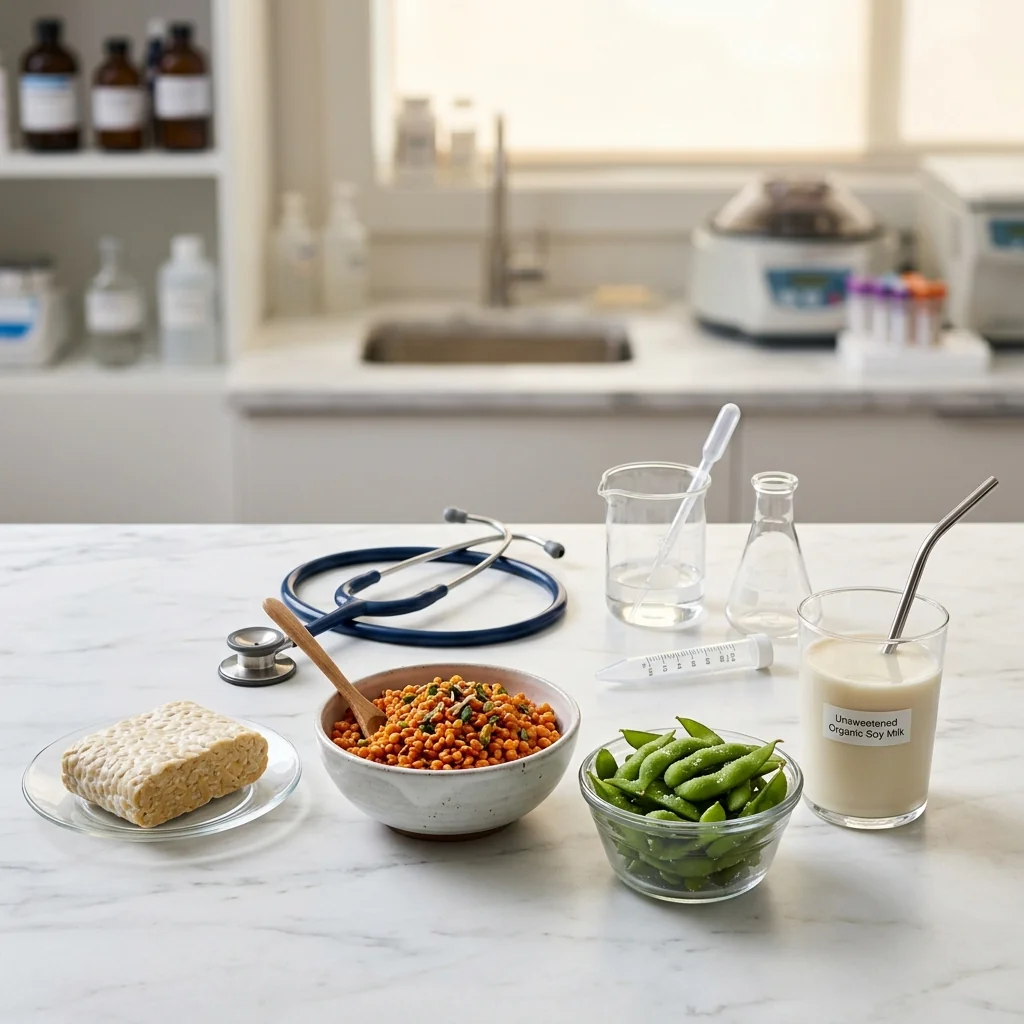 A premium clinical layout showing high-protein vegetarian foods like tempeh, red lentils, edamame, and soy milk next to clinical laboratory glassware.