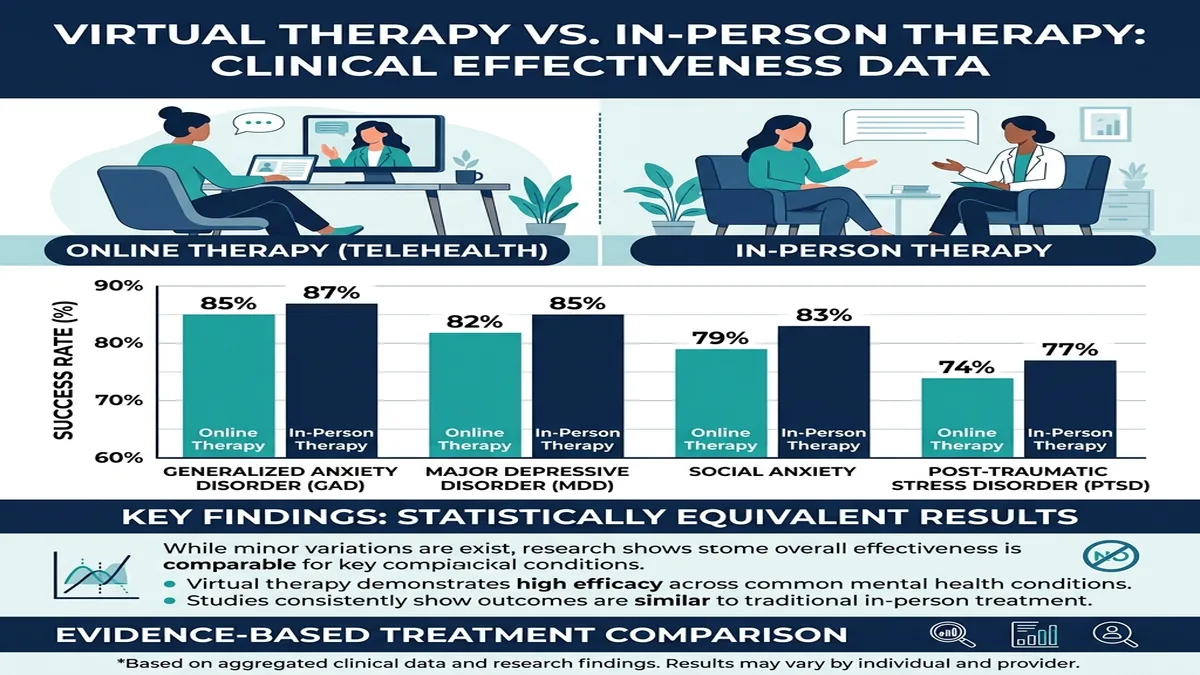 Is Online Therapy Right for You? A Complete Guide to Mental Health Support Bar chart comparing virtual therapy and in-person therapy clinical outcomes for anxiety, depression, and PTSD