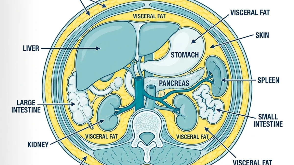 Anatomical representation comparing superficial subcutaneous fat and deep, metabolically active visceral fat (belly fat) surrounding internal organs.