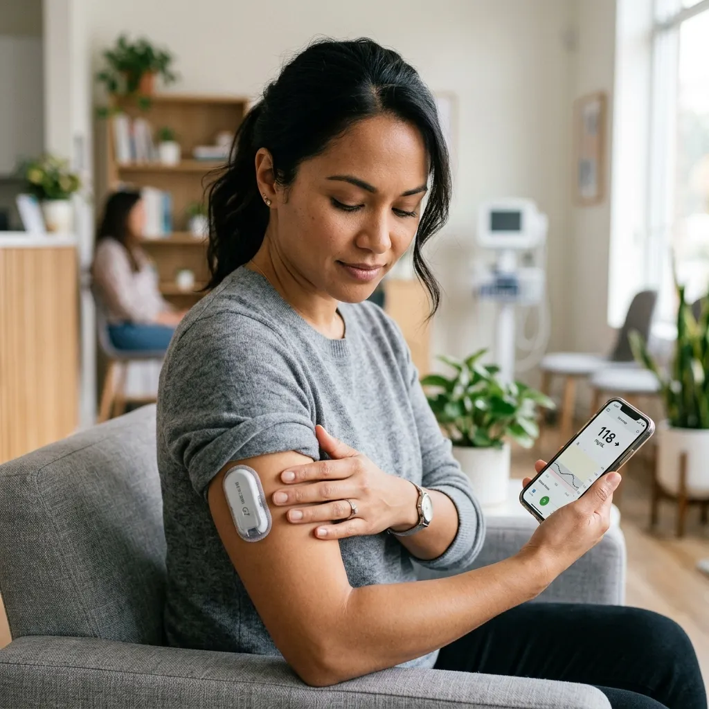 A patient checking their blood sugar level using a continuous glucose monitor sensor on the arm.