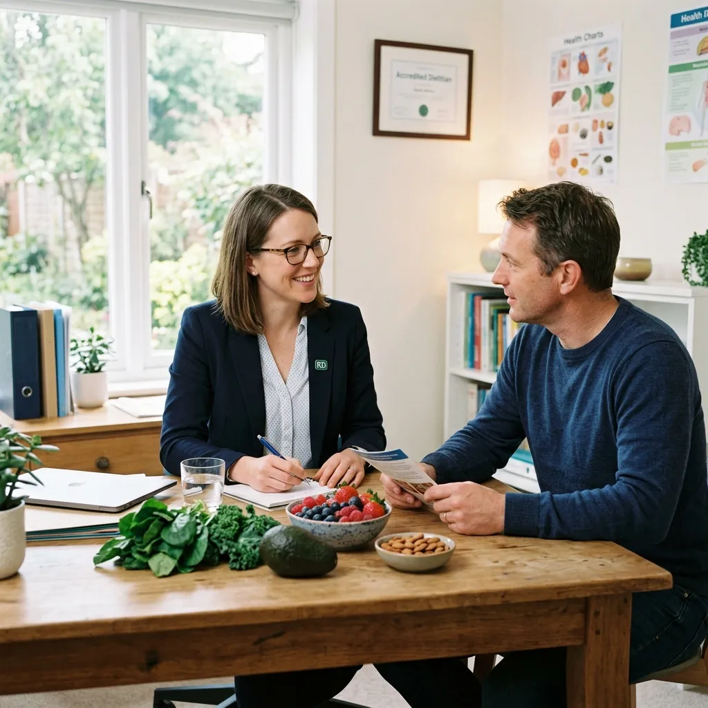 A patient consulting with a professional dietitian who is explaining diabetes food choices with fresh avocado and berries.