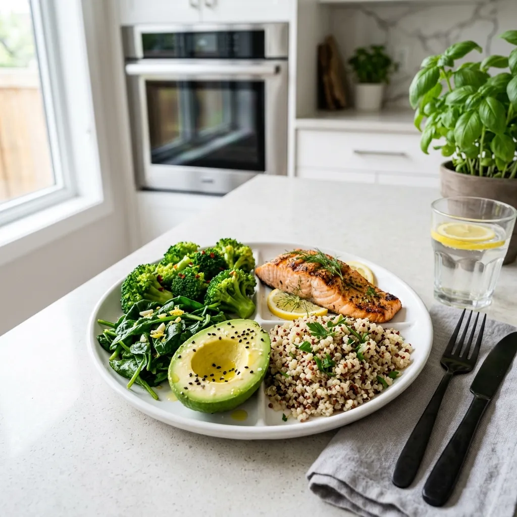 A clinical plate showing a balanced diabetes diet with wild salmon, broccoli, spinach, avocado, and quinoa.
