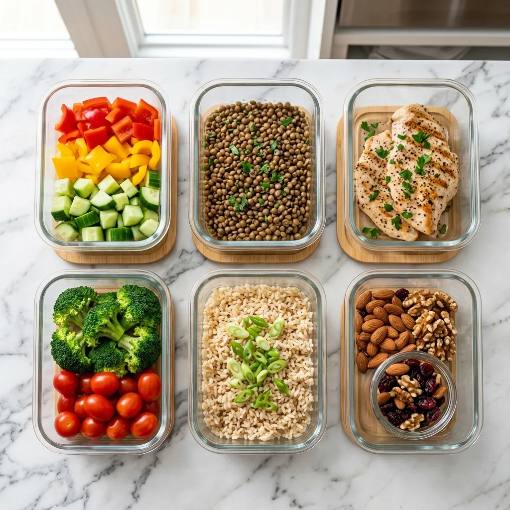 Overhead view of glass containers filled with prepped diabetes-friendly foods including lentils, chicken, and colorful vegetables.